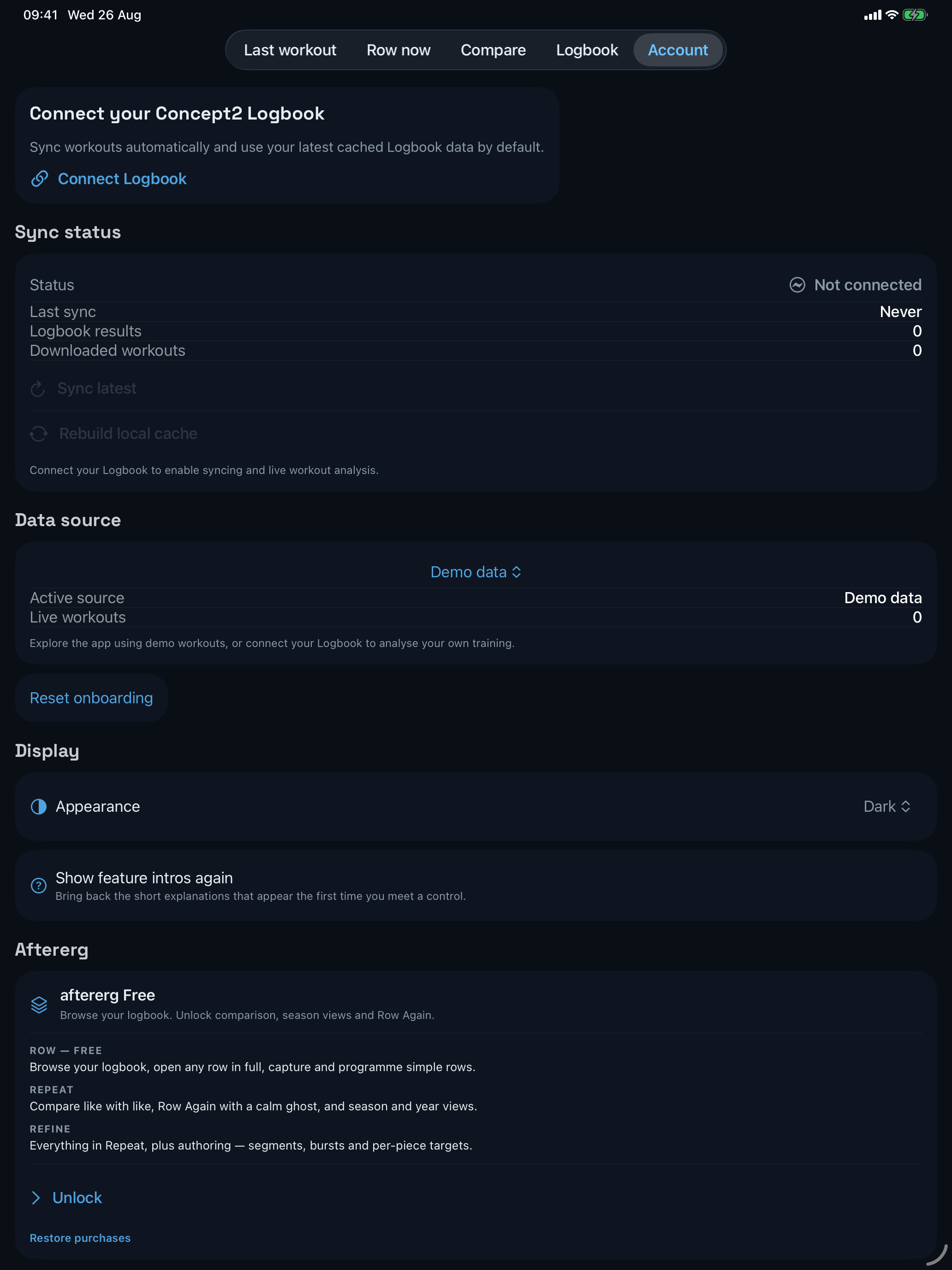 Current aftererg Account screen showing Logbook connection, sync status, data source and tier information