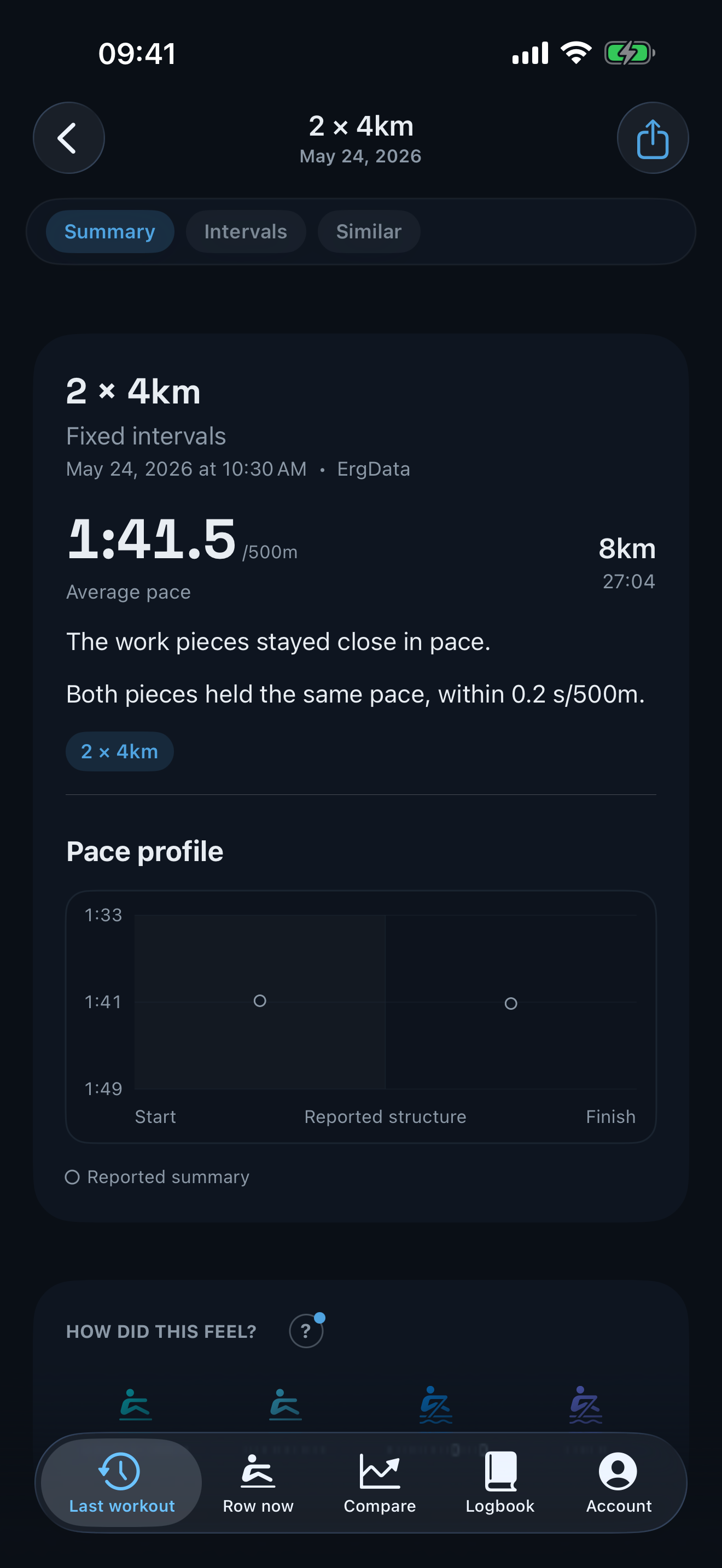 Current aftererg workout detail screen showing the pace profile and perceived-effort controls